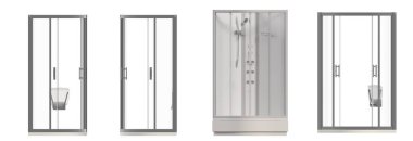 Beyaz arkaplanda izole edilmiş duş kabinleri, 3D illüstrasyon, cg canlandırma