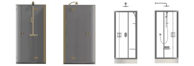 Beyaz arkaplanda izole edilmiş duş kabinleri, 3D illüstrasyon, cg canlandırma