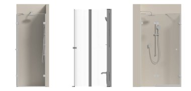 Beyaz arkaplanda izole edilmiş duş kabinleri, 3D illüstrasyon, cg canlandırma