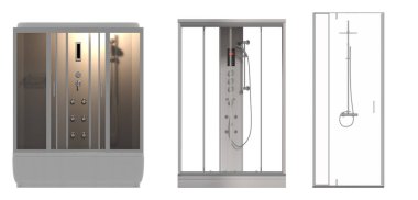 Beyaz arkaplanda izole edilmiş duş kabinleri, 3D illüstrasyon, cg canlandırma