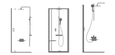 Beyaz arkaplanda izole edilmiş duş kabinleri, 3D illüstrasyon, cg canlandırma