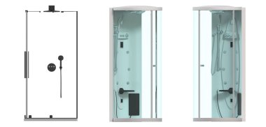 Beyaz arkaplanda izole edilmiş duş kabinleri, 3D illüstrasyon, cg canlandırma