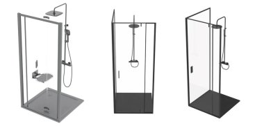 Beyaz arkaplanda izole edilmiş duş kabinleri, 3D illüstrasyon, cg canlandırma