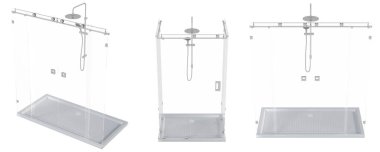 Beyaz arkaplanda izole edilmiş duş kabinleri, 3D illüstrasyon, cg canlandırma