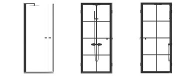 Beyaz arkaplanda izole edilmiş duş kabinleri, 3D illüstrasyon, cg canlandırma