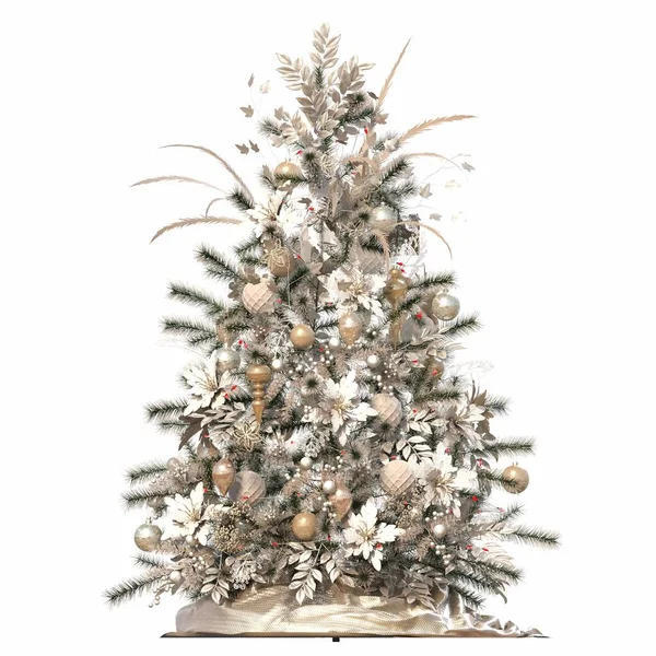 Árvore Natal Com Decorações Isolada Sobre Fundo Branco Ilustração Renderização — Fotografia de Stock