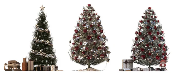 Conjunto Árboles Navidad Con Decoraciones Aislado Sobre Fondo Blanco Ilustración — Foto de Stock