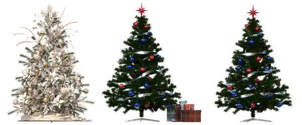Set Alberi Natale Con Decorazioni Isolati Sfondo Bianco Illustrazione Rendering — Foto Stock