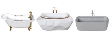 Beyaz arka planda izole edilmiş küvet küvetleri, 3 boyutlu illüstrasyon ve bir CG canlandırıcı