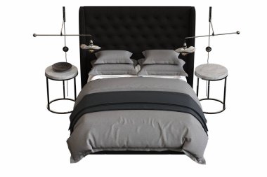 Beyaz arka planda çift kişilik yatak, iç mobilya, 3 boyutlu illüstrasyon 