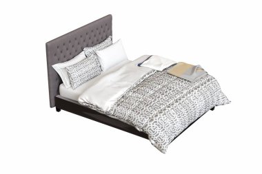 Beyaz arka planda çift kişilik yatak, iç mobilya, 3 boyutlu illüstrasyon 