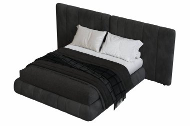 Beyaz arka planda çift kişilik yatak, iç mobilya, 3 boyutlu illüstrasyon 