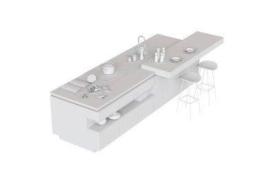 Mutfak mobilyaları beyaz arka planda izole edilmiş, 3D illüstrasyon, cg canlandırma