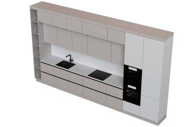 Mutfak mobilyaları beyaz arka planda izole edilmiş, 3D illüstrasyon, cg canlandırma