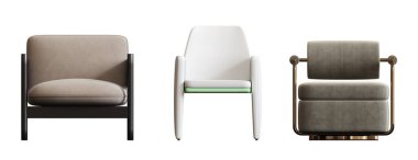 Beyaz arka planda izole edilmiş koltuklar, iç mobilyalar, 3 boyutlu illüstrasyon                