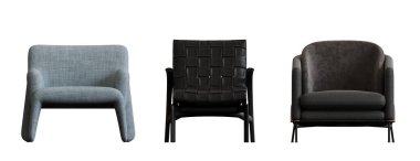 Beyaz arka planda izole edilmiş koltuklar, iç mobilyalar, 3 boyutlu illüstrasyon                