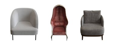 Beyaz arka planda izole edilmiş koltuklar, iç mobilyalar, 3 boyutlu illüstrasyon                