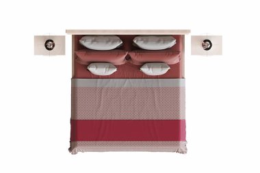 Beyaz arka planda çift kişilik yatak, yatak odasının içi için mobilya, üç boyutlu illüstrasyon