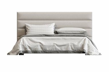 Beyaz arka planda çift kişilik yatak, yatak odasının içi için mobilya, üç boyutlu illüstrasyon