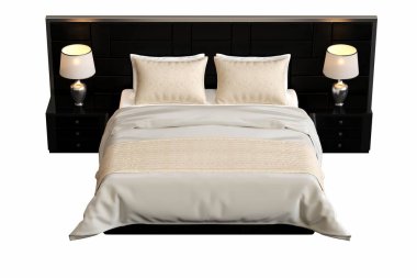 Beyaz arka planda çift kişilik yatak, yatak odasının içi için mobilya, üç boyutlu illüstrasyon