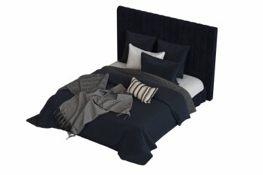 Beyaz arka planda çift kişilik yatak, yatak odasının içi için mobilya, üç boyutlu illüstrasyon