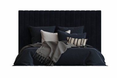 Beyaz arka planda çift kişilik yatak, yatak odasının içi için mobilya, üç boyutlu illüstrasyon