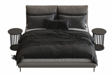 Beyaz arka planda çift kişilik yatak, yatak odasının içi için mobilya, üç boyutlu illüstrasyon