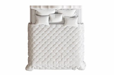 Beyaz arka planda çift kişilik yatak, yatak odasının içi için mobilya, üç boyutlu illüstrasyon