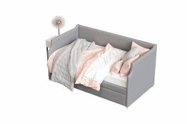 Beyaz arka planda çift kişilik yatak, yatak odasının içi için mobilya, üç boyutlu illüstrasyon