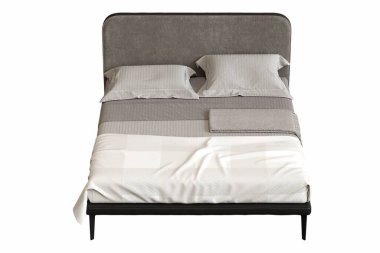 Beyaz arka planda çift kişilik yatak, yatak odasının içi için mobilya, üç boyutlu illüstrasyon