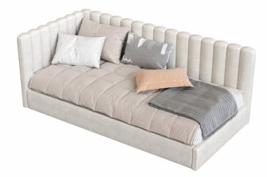 Beyaz arka planda çift kişilik yatak, yatak odasının içi için mobilya, üç boyutlu illüstrasyon