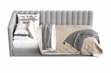 Beyaz arka planda çift kişilik yatak, yatak odasının içi için mobilya, üç boyutlu illüstrasyon