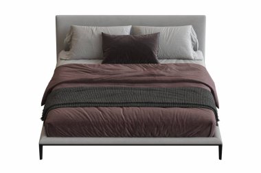 Beyaz arka planda çift kişilik yatak, yatak odasının içi için mobilya, üç boyutlu illüstrasyon