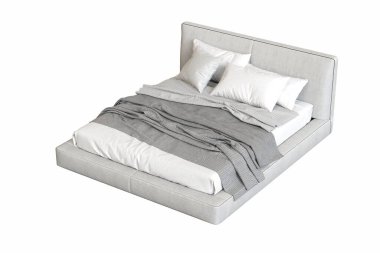 Beyaz arka planda çift kişilik yatak, yatak odasının içi için mobilya, üç boyutlu illüstrasyon