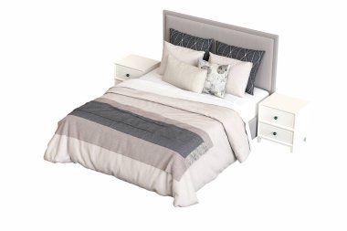 Beyaz arka planda çift kişilik yatak, yatak odasının içi için mobilya, üç boyutlu illüstrasyon