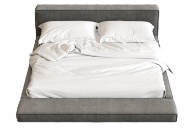 Beyaz arka planda çift kişilik yatak, yatak odasının içi için mobilya, üç boyutlu illüstrasyon