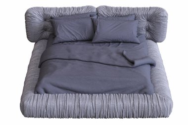 Beyaz arka planda çift kişilik yatak, yatak odasının içi için mobilya, üç boyutlu illüstrasyon