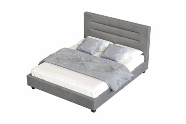 Beyaz arka planda çift kişilik yatak, yatak odasının içi için mobilya, üç boyutlu illüstrasyon