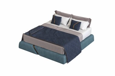 Beyaz arka planda çift kişilik yatak, yatak odasının içi için mobilya, üç boyutlu illüstrasyon