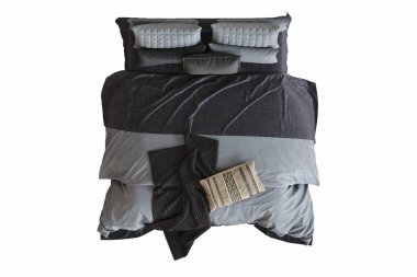 Beyaz arka planda çift kişilik yatak, yatak odasının içi için mobilya, üç boyutlu illüstrasyon