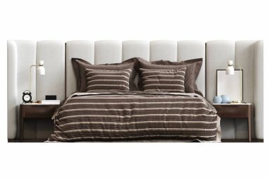 Beyaz arka planda çift kişilik yatak, yatak odasının içi için mobilya, üç boyutlu illüstrasyon