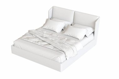 Beyaz arka planda çift kişilik yatak, yatak odasının içi için mobilya, üç boyutlu illüstrasyon