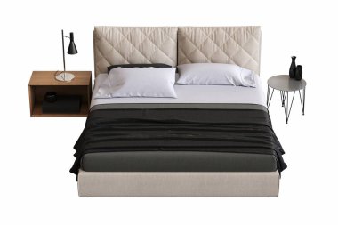 Beyaz arka planda çift kişilik yatak, yatak odasının içi için mobilya, üç boyutlu illüstrasyon