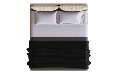 Beyaz arka planda çift kişilik yatak, yatak odasının içi için mobilya, üç boyutlu illüstrasyon