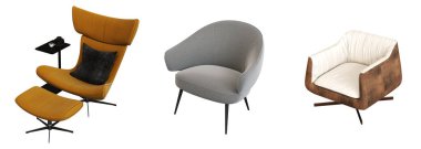 Beyaz arka planda izole edilmiş koltuk, iç mobilyalar, 3 boyutlu illüstrasyon