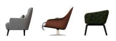 Beyaz arka planda izole edilmiş koltuk, iç mobilyalar, 3 boyutlu illüstrasyon