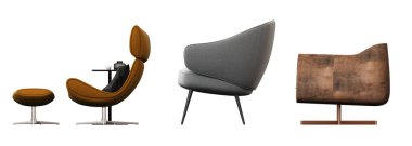 Beyaz arka planda izole edilmiş koltuk, iç mobilyalar, 3 boyutlu illüstrasyon