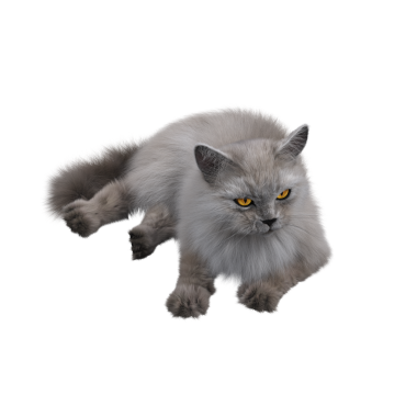 Beyaz arka planda izole edilmiş gri tüylü kedinin 3D görüntüsü.