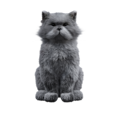 Beyaz arka planda izole edilmiş gri tüylü kedinin 3D görüntüsü.