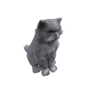 Beyaz arka planda izole edilmiş gri tüylü kedinin 3D görüntüsü.